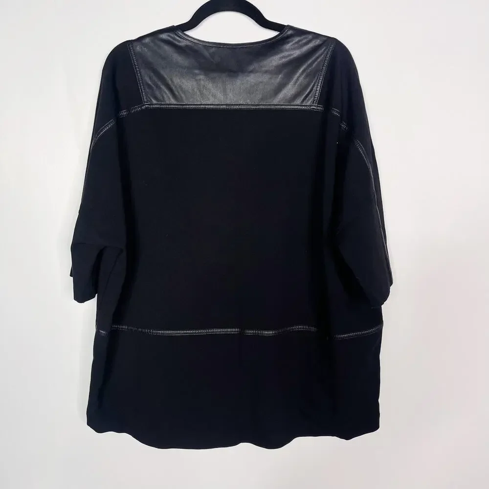 Lafayette 148 M/L Black Faux Leather Pieced Full Zip Jacket 3/4 Sleeve Pockets